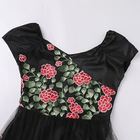 🌸 NWT Off Shoulder Retro Pinup Vintage 1950s Mesh Floral Embroidered Dress XL - Picture 8 of 16